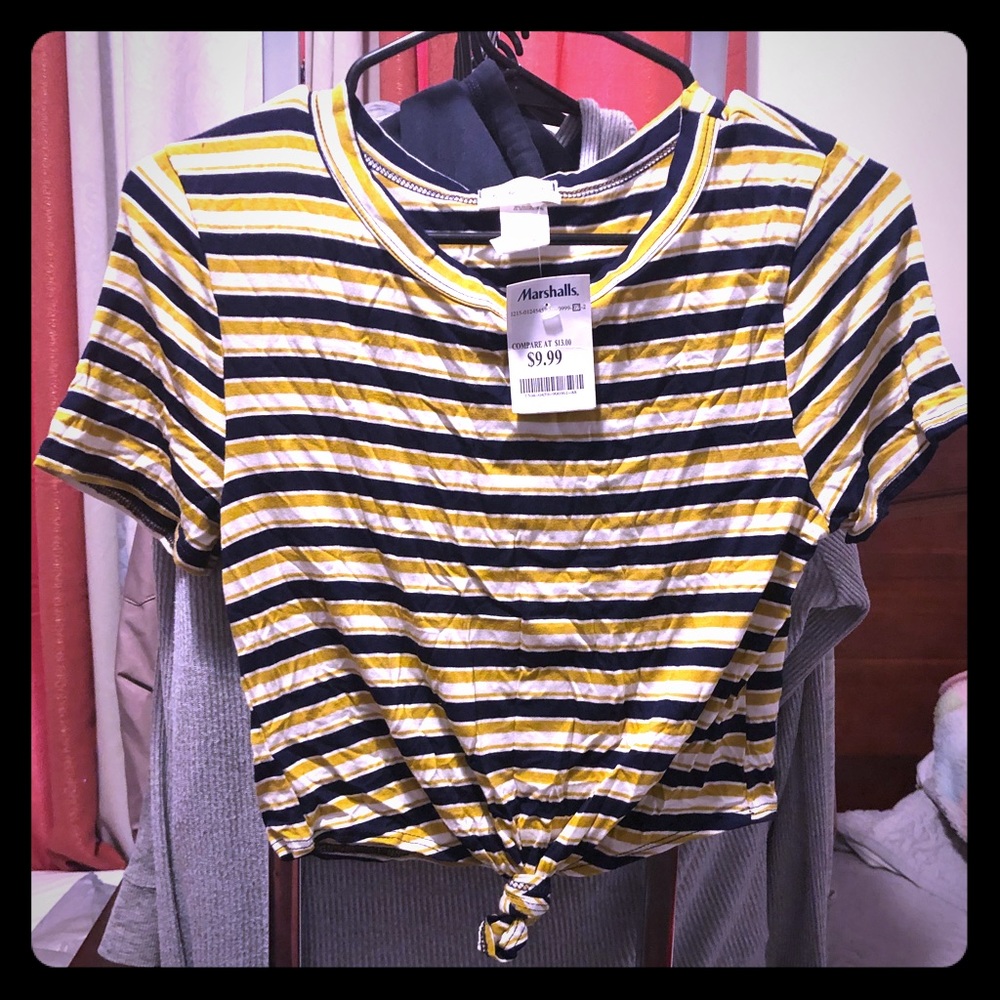 Yellow, navy blue and white striped shirt with tie